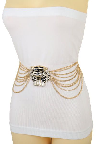 Brand New Women Gold Metal Chain Side Waves Belt Hip High Waist Leopard Tiger Charm S M L