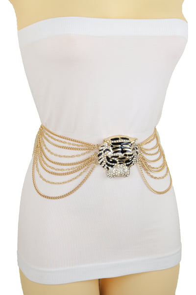 Brand New Women Gold Metal Chain Side Waves Belt Hip High Waist Leopard Tiger Charm S M L
