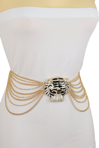 Brand New Women Gold Metal Chain Side Waves Belt Hip High Waist Leopard Tiger Charm S M L