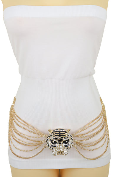 Brand New Women Gold Metal Chain Side Waves Belt Hip High Waist Leopard Tiger Charm S M L