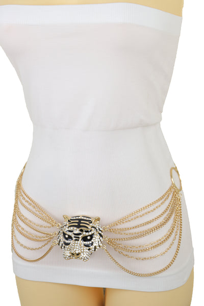 Brand New Women Gold Metal Chain Side Waves Belt Hip High Waist Leopard Tiger Charm S M L
