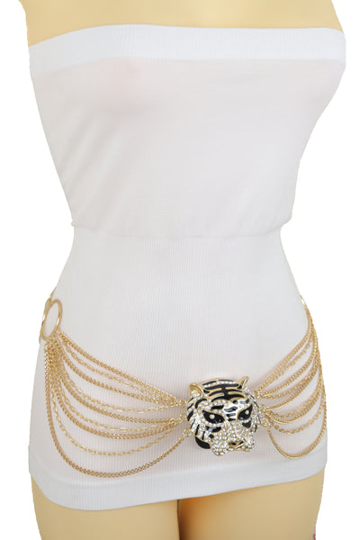 Brand New Women Gold Metal Chain Side Waves Belt Hip High Waist Leopard Tiger Charm S M L