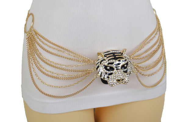 Brand New Women Gold Metal Chain Side Waves Belt Hip High Waist Leopard Tiger Charm S M L