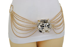 Gold Metal Chain Side Waves Belt Hip High Waist Leopard Tiger Charm S M L