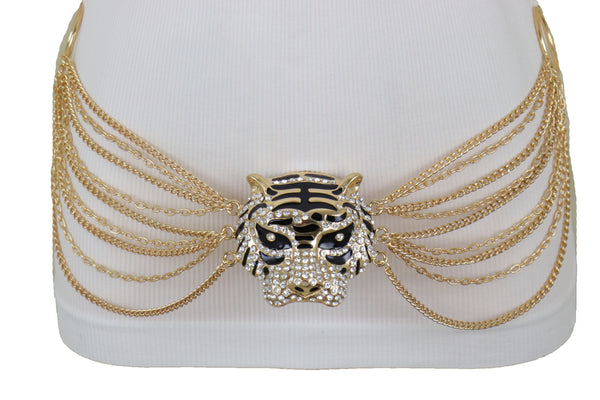 Brand New Women Gold Metal Chain Side Waves Belt Hip High Waist Leopard Tiger Charm S M L