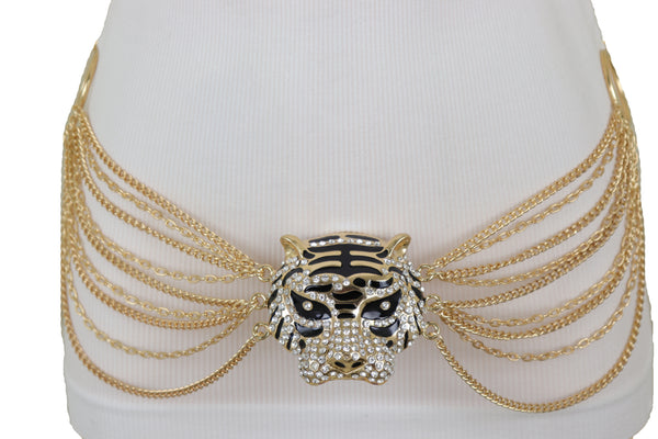 Brand New Women Gold Metal Chain Side Waves Belt Hip High Waist Leopard Tiger Charm S M L