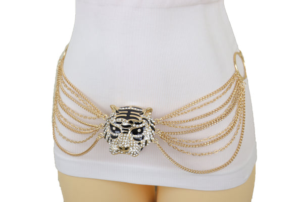 Brand New Women Gold Metal Chain Side Waves Belt Hip High Waist Leopard Tiger Charm S M L