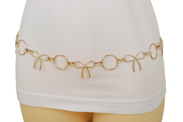 Brand New Women High Waist Hip Gold Metal Chain Waistband Belt Circle Bow Tie Charms S M L