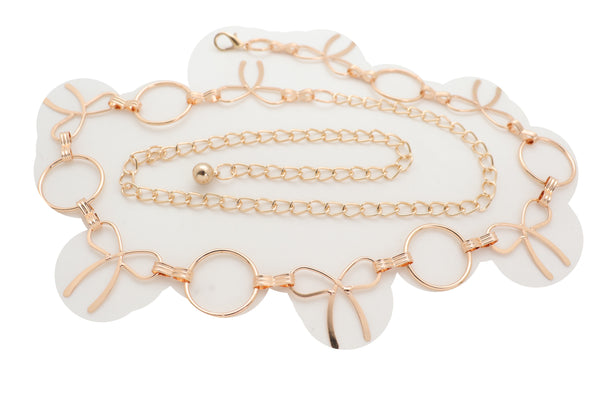 Brand New Women High Waist Hip Gold Metal Chain Waistband Belt Circle Bow Tie Charms S M L