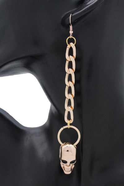 Brand New Women Earring Set Gold Metal Chain Links Hook Skeleton Skull Charm Rocker Gothic Fashion Jewelry