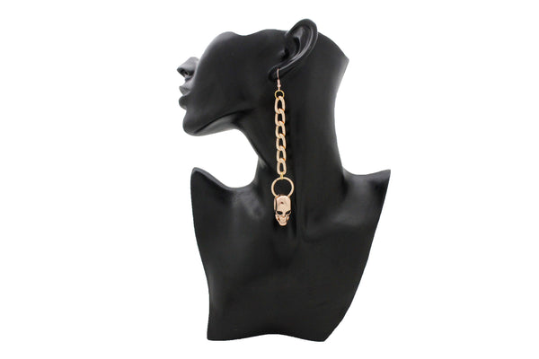 Brand New Women Earring Set Gold Metal Chain Links Hook Skeleton Skull Charm Rocker Gothic Fashion Jewelry