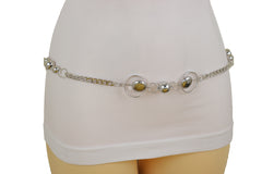 Silver Metal Chain Links Waistband Fashion Belt Circle Round Charms S M L
