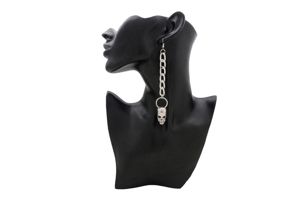Brand New Women Street Earring Set Fashion Jewelry Silver Metal Chain Skeleton Skull Charm Biker Rocker