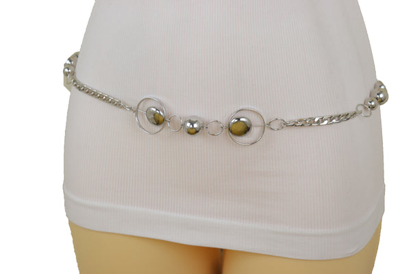 Brand New Women Silver Metal Chain Links Waistband Fashion Belt Circle Round Charms S M L