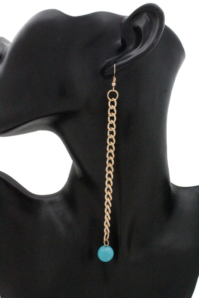 Brand New Women Earrings Fashion Jewelry Gold Metal Chain Links Long Turquoise Blue Beads Ethnic Style