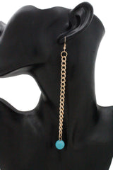 Earrings Gold Metal Chain Links Long Turquoise Blue Beads Ethnic Style