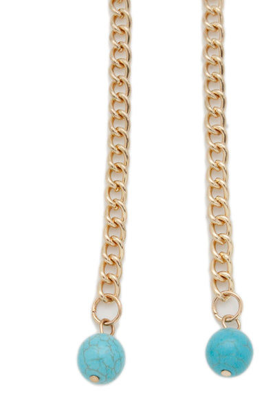 Brand New Women Earrings Fashion Jewelry Gold Metal Chain Links Long Turquoise Blue Beads Ethnic Style