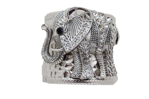 Women Silver Metal Bangle Cuff Wrist Bracelet Fashion Jewelry Safari Elephant One Size Adjustable