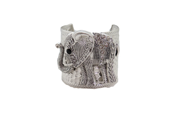 Women Silver Metal Bangle Cuff Wrist Bracelet Fashion Jewelry Safari Elephant One Size Adjustable