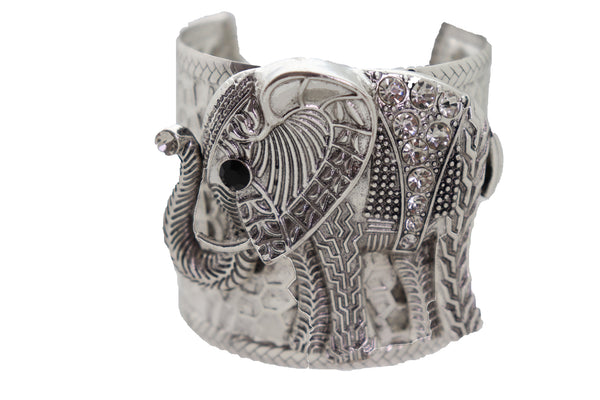 Women Silver Metal Bangle Cuff Wrist Bracelet Fashion Jewelry Safari Elephant One Size Adjustable