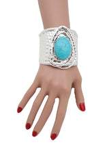 Silver & Turquoise Bead Ethnic Metal Cuff Bracelet
