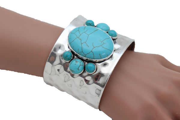 Women Ethnic Cuff Bracelet Silver Metal Turquoise Blue Bead Texas Style Fashion One Size Fits All