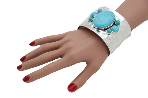 Women Ethnic Cuff Bracelet Silver Metal Turquoise Blue Bead Texas Style Fashion One Size Fits All