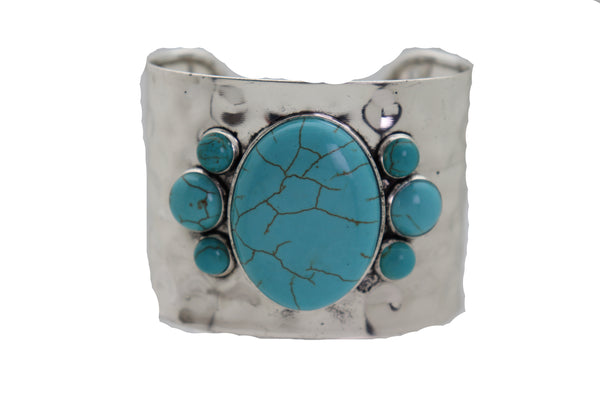 Women Ethnic Cuff Bracelet Silver Metal Turquoise Blue Bead Texas Style Fashion One Size Fits All
