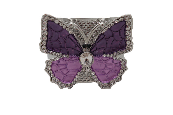 Brand New Women Cuff Bracelet Silver Metal Butterfly Bling Elegant Jewelry Purple Lavender