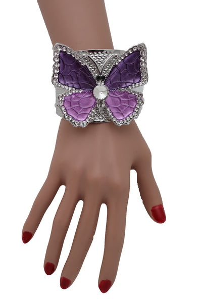 Brand New Women Cuff Bracelet Silver Metal Butterfly Bling Elegant Jewelry Purple Lavender