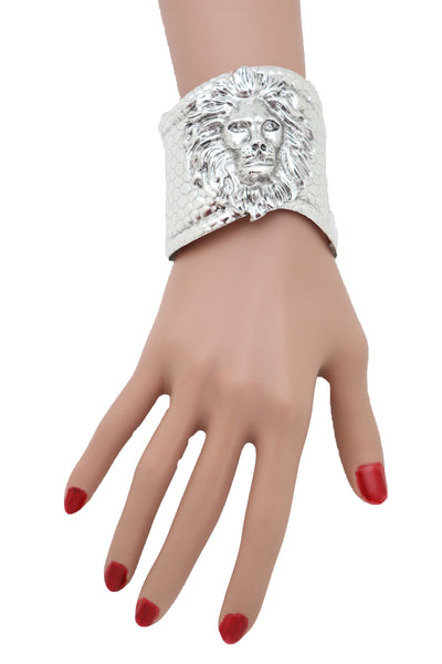 Silver Metal Lion Head Safari Cuff Bracelet