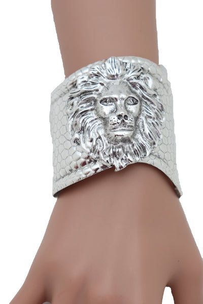 Silver Metal Lion Head Safari Cuff Bracelet