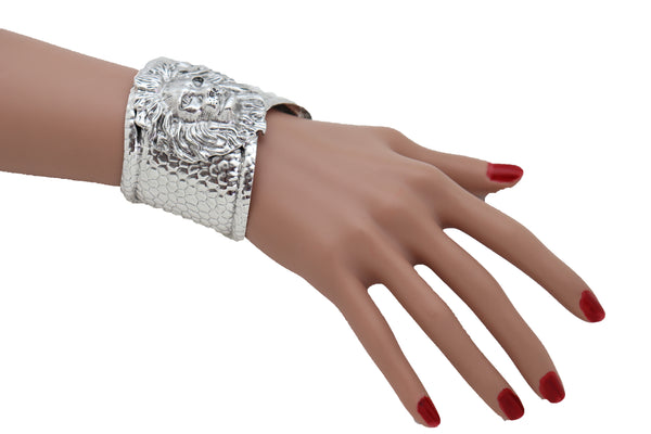 Silver Metal Lion Head Safari Cuff Bracelet
