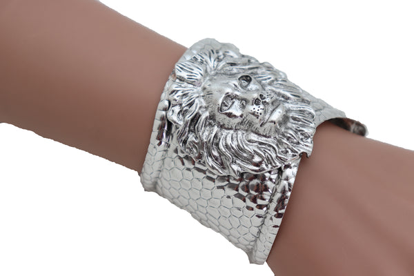Silver Metal Lion Head Safari Cuff Bracelet