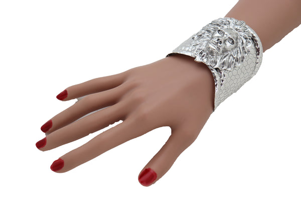 Silver Metal Lion Head Safari Cuff Bracelet