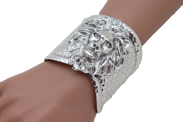 Silver Metal Lion Head Safari Cuff Bracelet