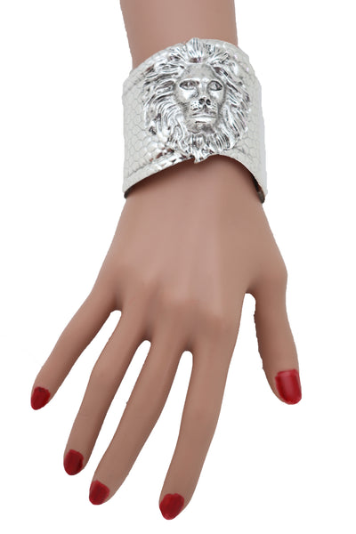 Silver Metal Lion Head Safari Cuff Bracelet