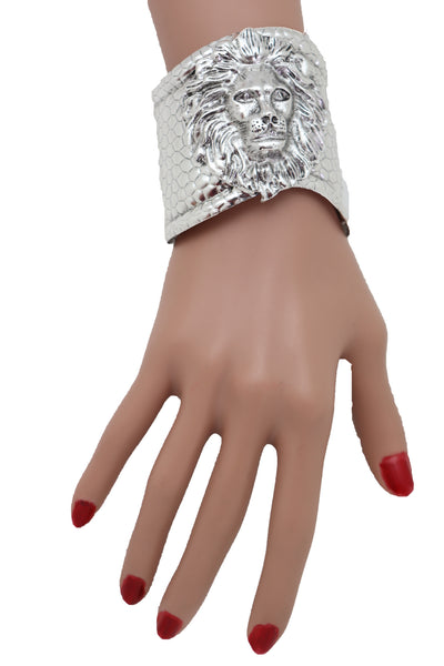 Silver Metal Lion Head Safari Cuff Bracelet