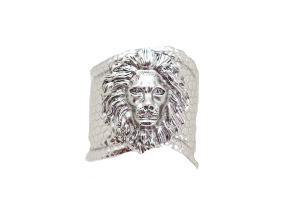 Silver Metal Lion Head Safari Cuff Bracelet