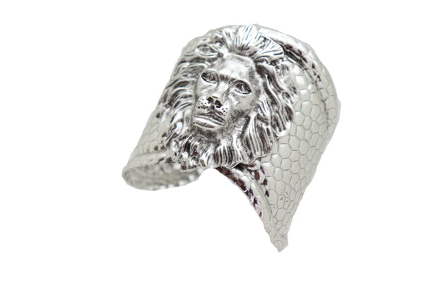 Silver Metal Lion Head Safari Cuff Bracelet