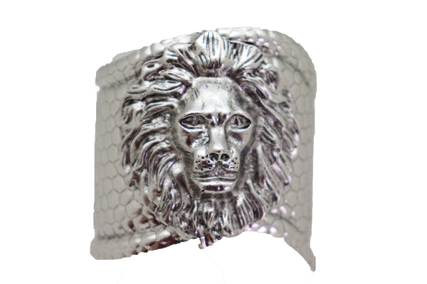 Silver Metal Lion Head Safari Cuff Bracelet