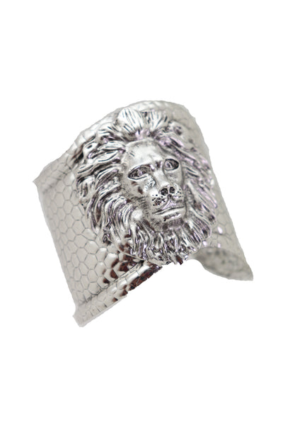 Silver Metal Lion Head Safari Cuff Bracelet