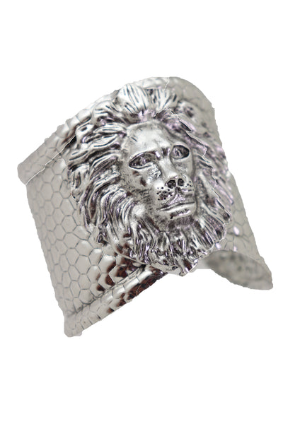 Silver Metal Lion Head Safari Cuff Bracelet
