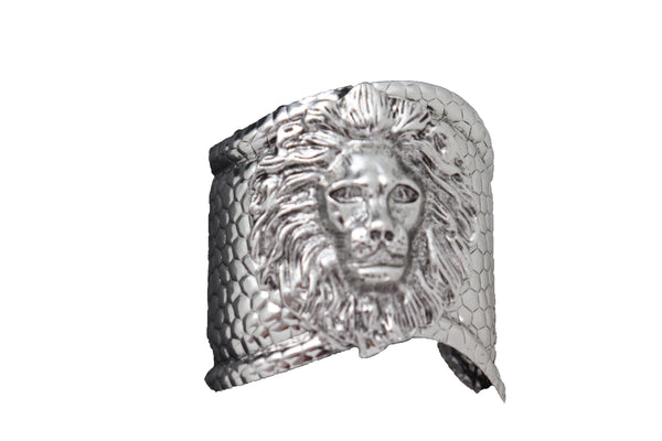 Silver Metal Lion Head Safari Cuff Bracelet
