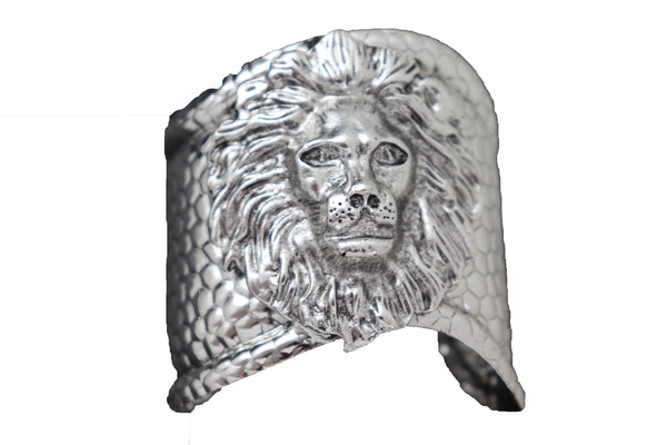 Silver Metal Lion Head Safari Cuff Bracelet