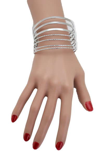 Brand New Women Silver Metal Bangle Cuff Bracelet Jewelry Fashion Stripes Fan Fancy Style