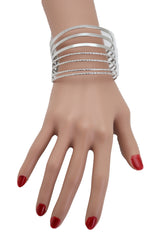 Silver Metal Bangle Cuff Bracelet Jewelry Fashion Stripes Fan Fancy Style