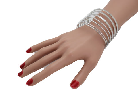 Brand New Women Silver Metal Bangle Cuff Bracelet Jewelry Fashion Stripes Fan Fancy Style