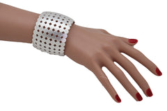 Silver Metal Cuff Wrist Bracelet Geometric Circle Squares