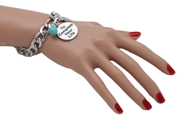 Brand New Women Silver Metal Chain Bracelet LOVE TO COMPLTE YOUR LIFE Charm Turquoise Blue